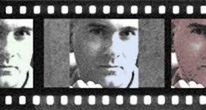 Three frames of a man's face are displayed in a film strip format, showing variations in color and tone against a dark film reel background. The man appears contemplative.