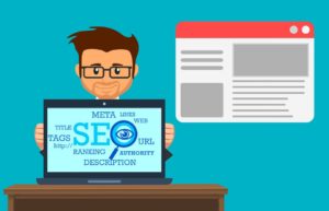 Graphic of a man sitting behind a laptop displaying key SEO factors.