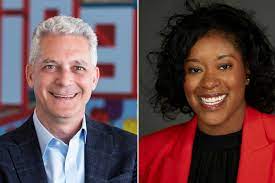 CEO of Chicago Public Media Matt Moog and Chicago Sun-Times CEO Nykia Wright Smiling at Camera