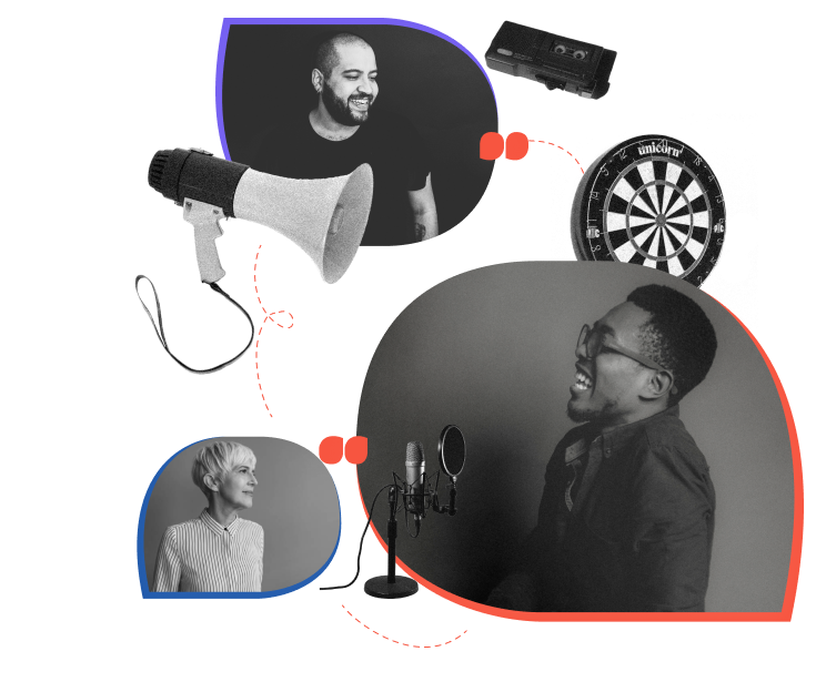 Two smiling individuals, one with a microphone, interact in a creative space. Surrounding them are a megaphone, a dartboard, and a cassette tape, suggesting a casual and energetic environment.