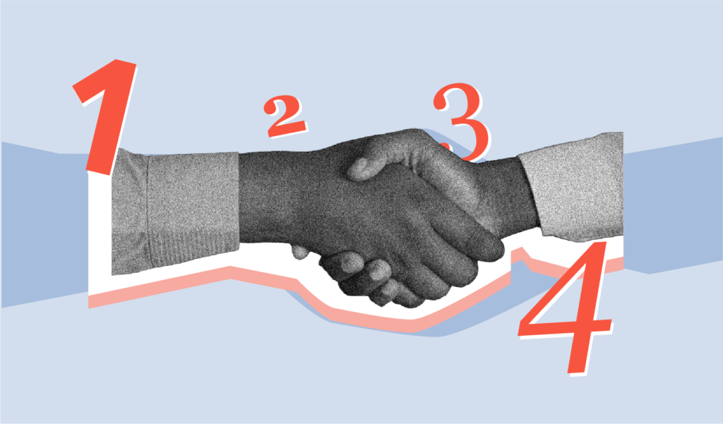 A handshake between two hands symbolizes agreement or collaboration, depicted against a light blue background with large, colorful numbers (1, 2, 3, 4) highlighting a step-by-step process.