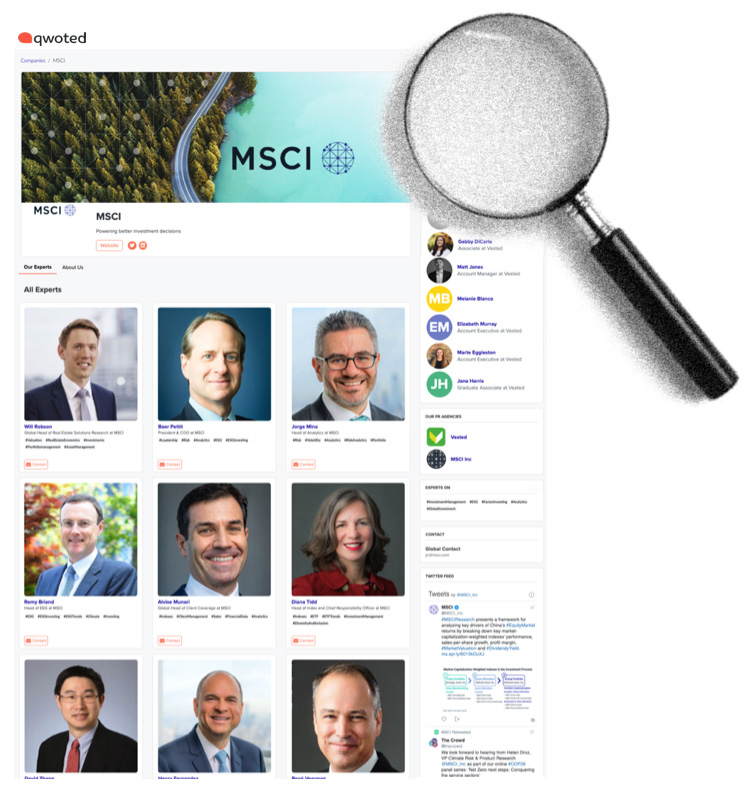 A webpage displays a grid of professional headshots representing experts at MSCI, alongside a search icon. The background features a scenic road and water, suggesting a connection to investment insights.