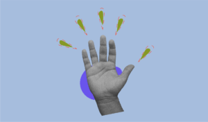 A gray-scale hand is raised and open, surrounded by small, stylized green shapes, set against a pastel pink background with a blue circular shape behind the hand.