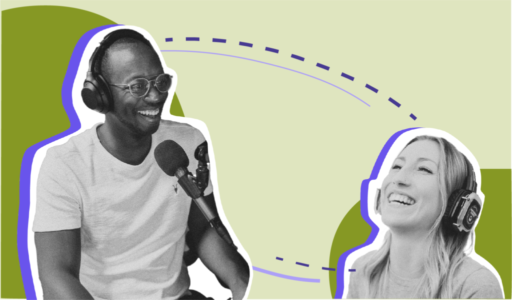 Two people wearing headphones are laughing and engaged in conversation at microphones. The background features abstract shapes in green and purple tones, creating a vibrant, dynamic atmosphere.