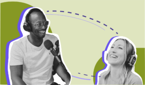 Two people wearing headphones are laughing and engaged in conversation at microphones. The background features abstract shapes in green and purple tones, creating a vibrant, dynamic atmosphere.