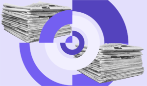 Stacked newspapers are the focal point, presenting a layered appearance. They are set against a graphic background featuring abstract shapes in purple and white, creating a modern visual context.