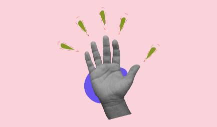 A black-and-white hand is raised with fingers spread open, surrounded by colorful, stylized droplets on a soft pink background with a blue circle behind the hand.