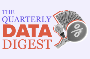 A light bulb, cash, and a percentage balloon are visually arranged alongside bold text. The text states: "THE QUARTERLY DATA DIGEST." The background is a pale color.