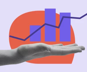 Graphic showing a human hand holding data in the form of graphs, all in front of the coral Qwoted logo.