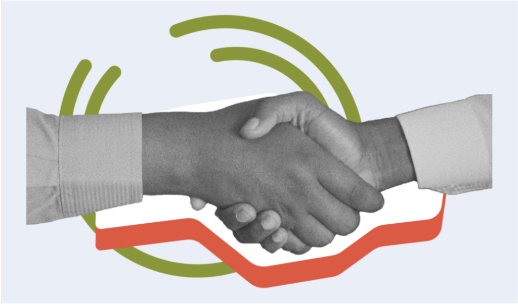 Two hands are shaking in a gesture of agreement or partnership, set against a light blue background with abstract green and orange shapes emphasizing the action.
