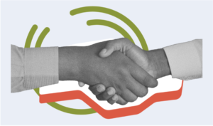 Two hands are shaking in a gesture of agreement or partnership, set against a light blue background with abstract green and orange shapes emphasizing the action.