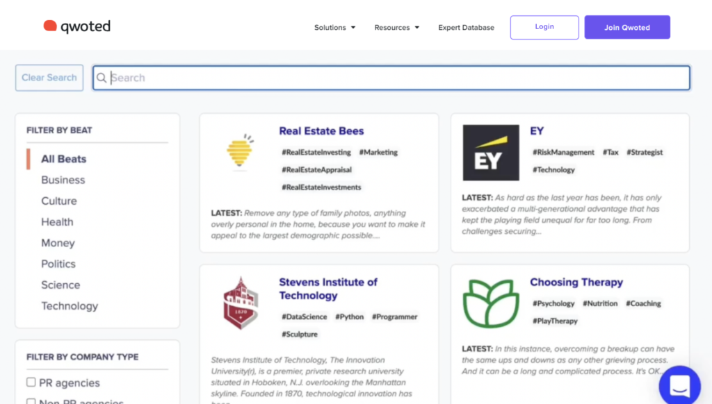 A web interface displays various expert categories, including Real Estate, Technology, and Health. Each category features an image, hashtags, and latest advice or insights in a structured layout.