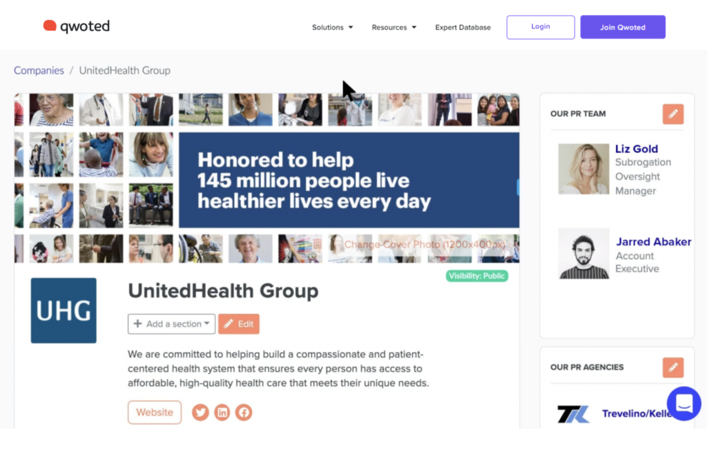 A digital interface displays UnitedHealth Group's profile, featuring a prominent message celebrating their commitment to improving health for 145 million people, alongside a collage of diverse individuals.