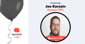 A black balloon with a curled string floats to the side. It accompanies text highlighting "qwoted 100" and a circular photo of a person identified as Joe Karasin, with details about his affiliation.