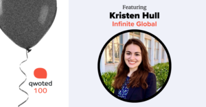 A black balloon hangs from a string on the left, with a logo saying "qwoted 100." On the right, a smiling woman with brown hair poses in a business outfit against a green background. Text: "Featuring Kristen Hull Infinite Global."