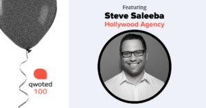 A black balloon floats to the left, with a curly string attached. On the right, a circular portrait of a smiling man is featured, labeled "Steve Saleeba" from "Hollywood Agency," with a design background.