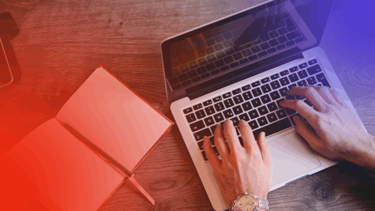 image of a person typing up a press release with qwoted brand gradient over the top